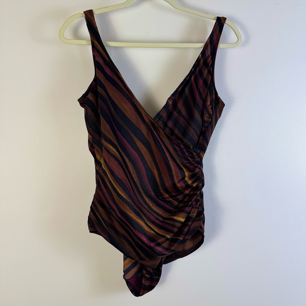 Miraclesuit Striped Bronze Brown Black Maroon 12 Slimming Ruched One Piece Suit